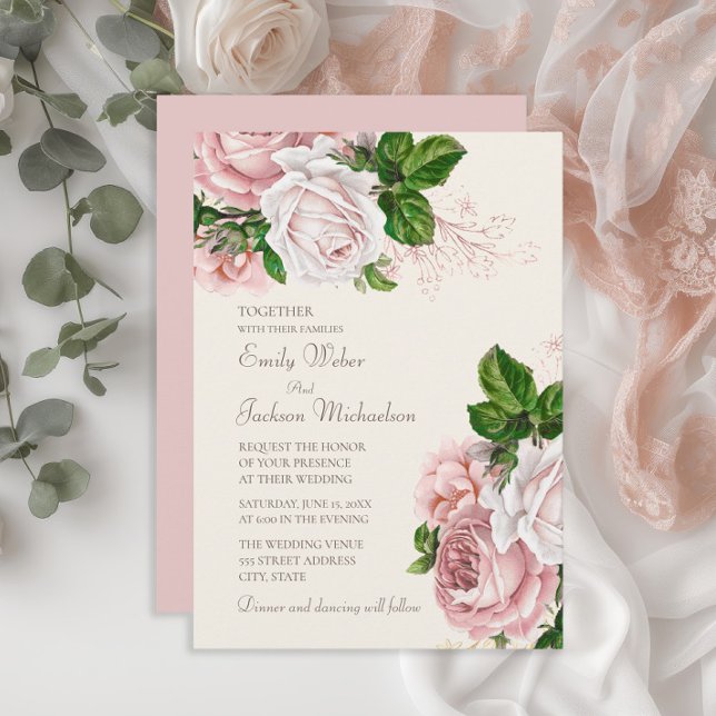 Elegant trädgårds bröllop med rosa blommor i krämf inbjudningar (Elegant blush pink vintage floral wedding invitation)