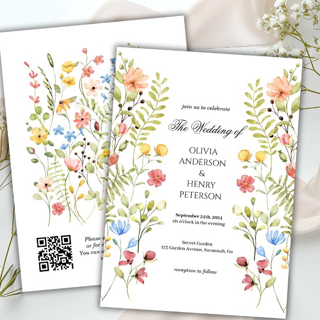 Elegant Trädgårds Vildblomma Blommig QR-kod Bröllo Inbjudningar (Skapare uppladdad)
