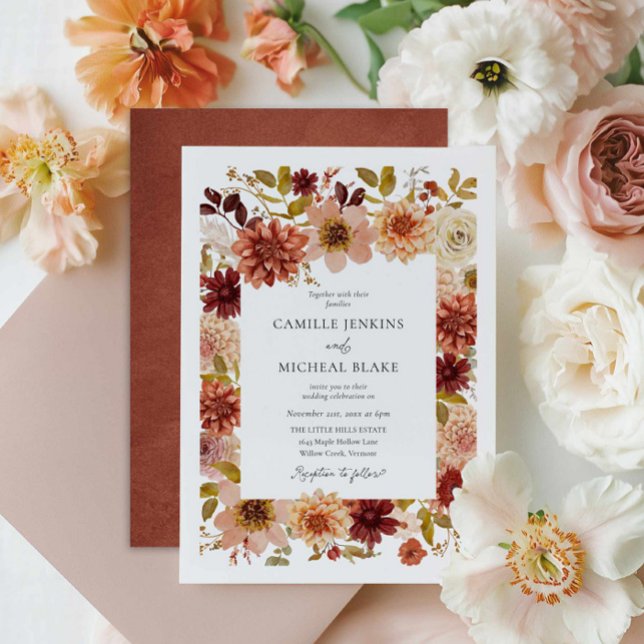 Elegant Trädgårdsbröllopsinbjudan Inbjudningar (Elegant Fall Floral Burgundy Terracotta Wedding Invite)