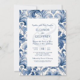 Elegant Traditional Blue and White Engraved Damask Inbjudningar