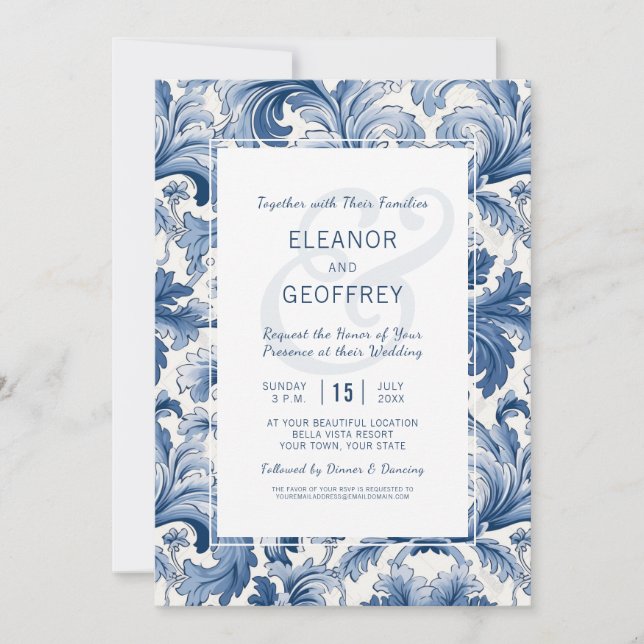 Elegant Traditional Blue and White Engraved Damask Inbjudningar (Framsida)