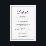 Elegant Traditional Classitional Royal Lila Bröllo Tilläggskort<br><div class="desc">Kortet i bröllop,  traditionellt och klassat,  har en enkel utformning med "Detaljer" i en elegant royal lila-kalligrafi inuti ett tunt gräns. Baksidan är solid lila. Med mallen kan du  viktig information om din speciella dag. Denna klassiska utformning är perfekt för ett formellt bröllop under hösten/hösten.</div>