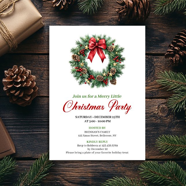 Elegant traditionell tallkrans julfest inbjudan (Elegant Traditional Pine Wreath Party Invitation)