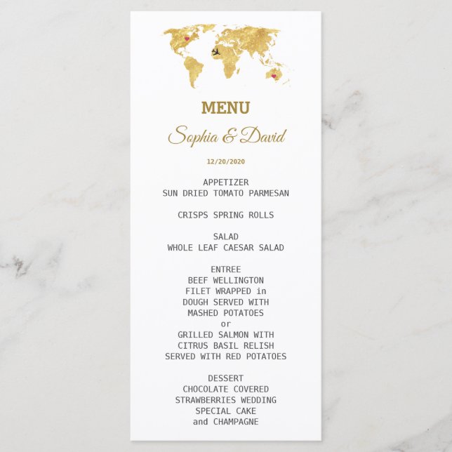 Elegant Travel Guld World Map Bröllop Menu Meny (Framsida)