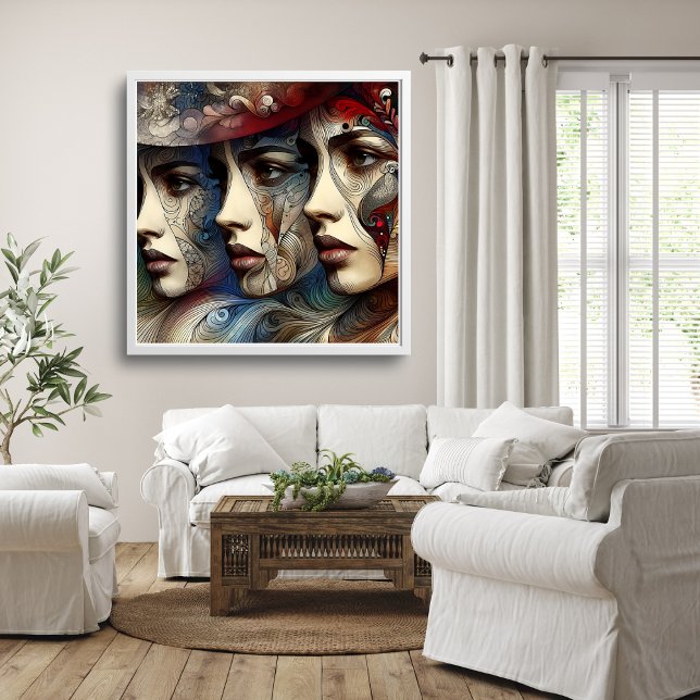 Elegant Tre femmanliga Ansikte-profilteckningar Poster (Elegant Three Female Faces Profile Artwork Poster Mockup 1)