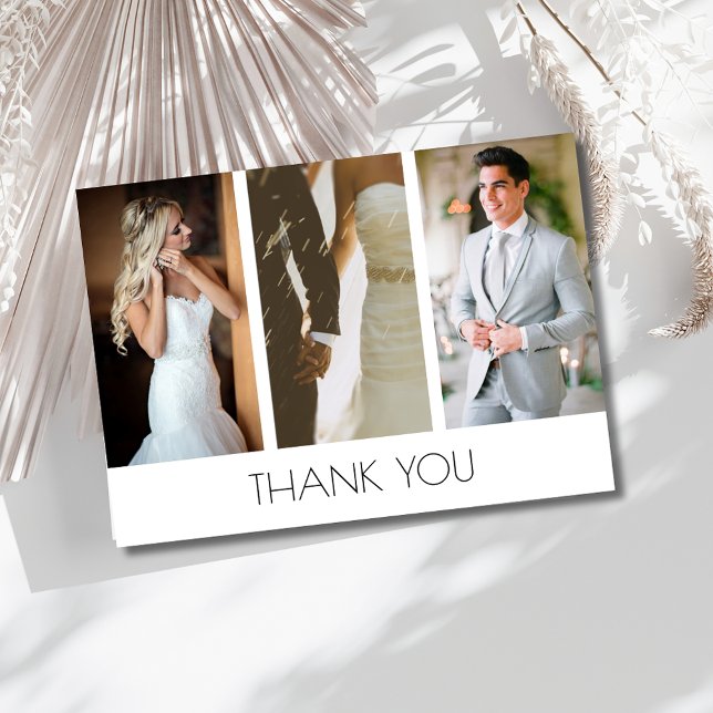 Elegant Tre foto Bröllop Tack (Elegant Three Photo Wedding Thank You)