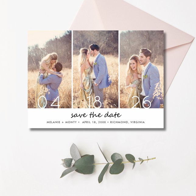 Elegant tre Photo Collage Bröllop spara datum Spara Datumet (Elegant Three Photo Collage Wedding Save the Date)
