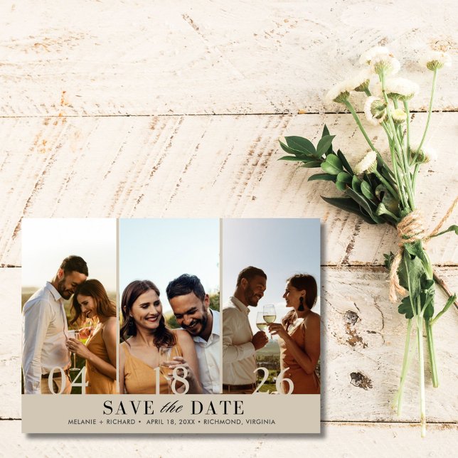 Elegant tre Photo Collage Bröllop spara datum Spara Datumet (Elegant Three Photo Collage Wedding Save the Date)
