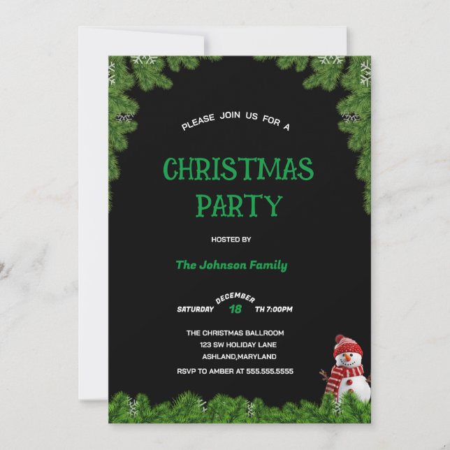 Elegant tree pine CHRISTMAS PARTY Black green   Inbjudningar (Framsida)