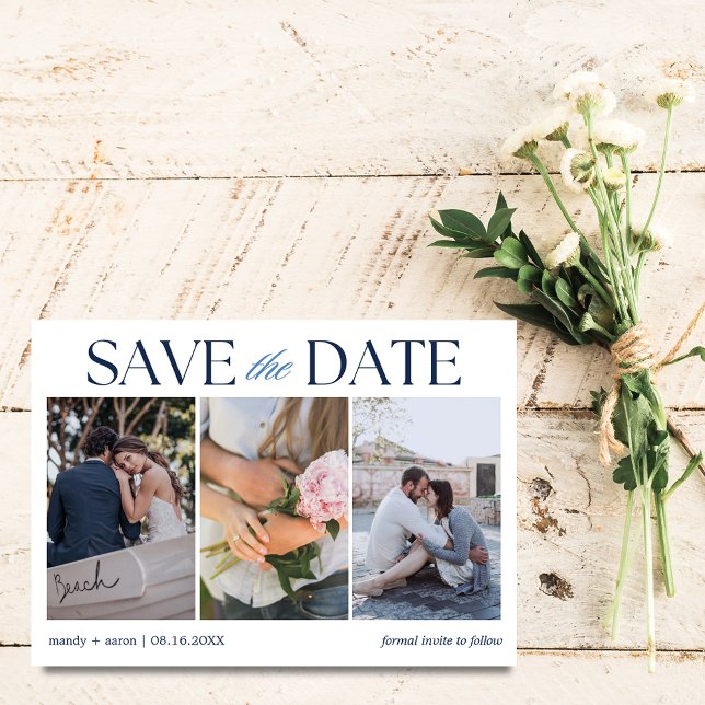 Elegant Trefoto Bröllop Spara Datumet (Elegant Three Photo Wedding Save The Date)