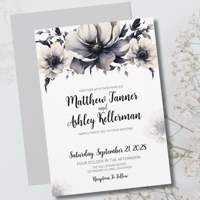 Elegant Trendig Black White Blommigt Bröllop Inbjudningar (Trendy Black White Floral Elegant Wedding Invitation)
