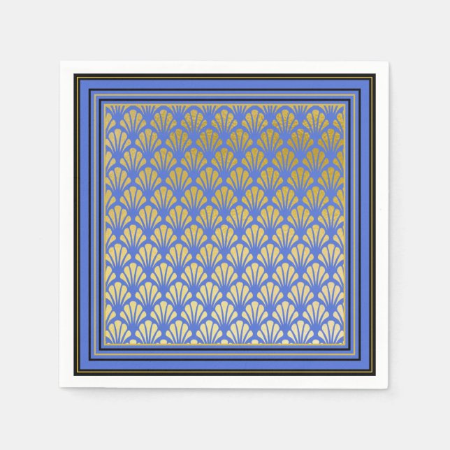 Elegant Trendig Blue Art Deco Fläkt Mönster Bröllo Pappersservett (Framsidan)