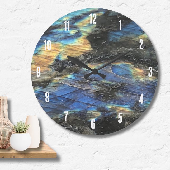 Elegant Trendig Chic Labradorite Crystal Stone Stor Klocka (Elegant Trendy Chic Labradorite Crystal Stone Large Clock)