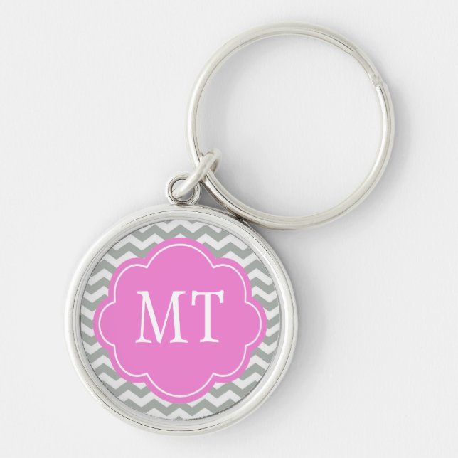 Elegant, trendig, grått-chevron-monogram rund silverfärgad nyckelring (Framsidan)