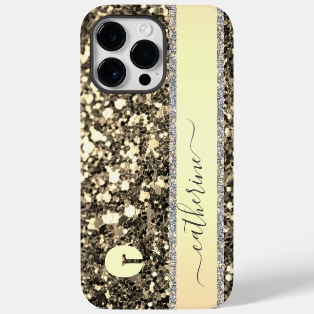 Elegant Trendig Grått Strip Glitter Monogrammed Na (Baksida)
