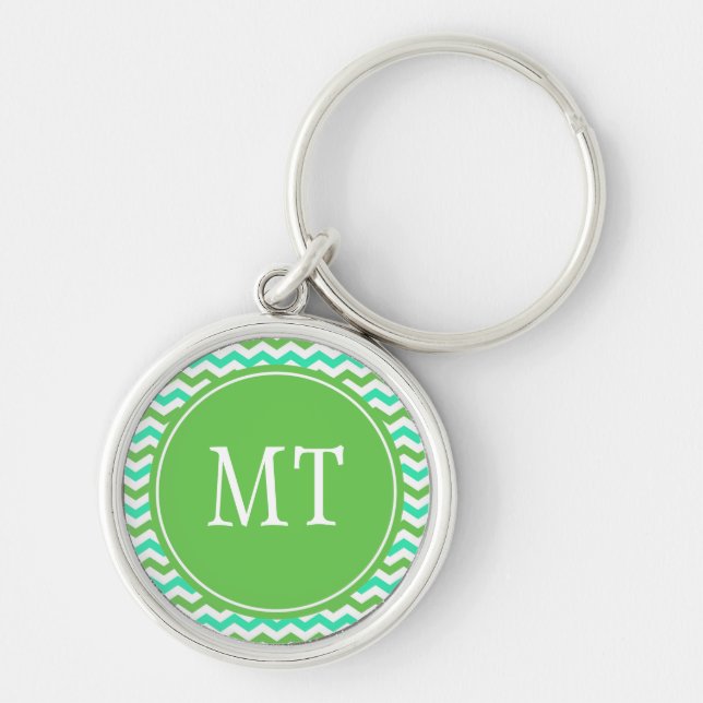 elegant, trendig grönt chevron zigzag monogram rund silverfärgad nyckelring (Framsidan)