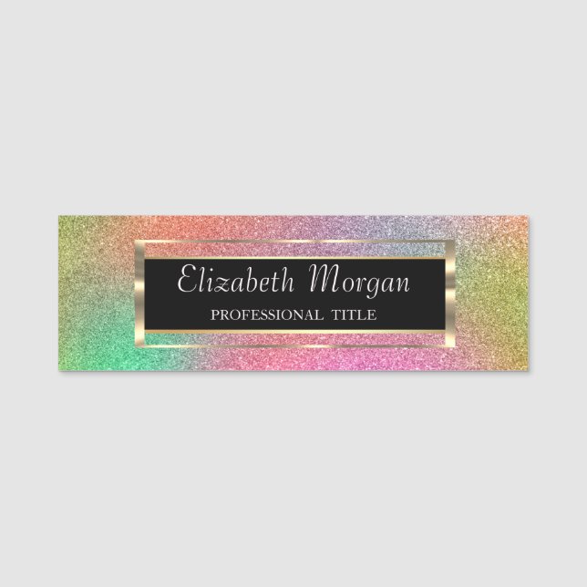 Elegant Trendig, Guld Ram, färgrika Glitter Namnbricka (Framsida)
