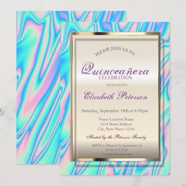 Elegant Trendig Holograf Quinceañera Inbjudningar (Fram/baksida)