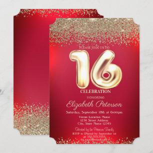 Elegant Trendig Röd Guld Konfetti Diamant Sweet 16 Inbjudningar