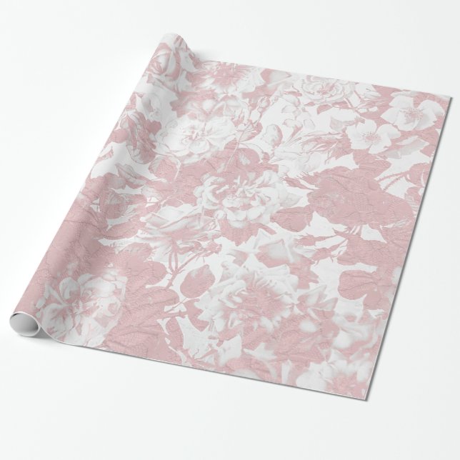 Elegant trendig rosa korallvit blommigt snöre presentpapper (Utrullad)