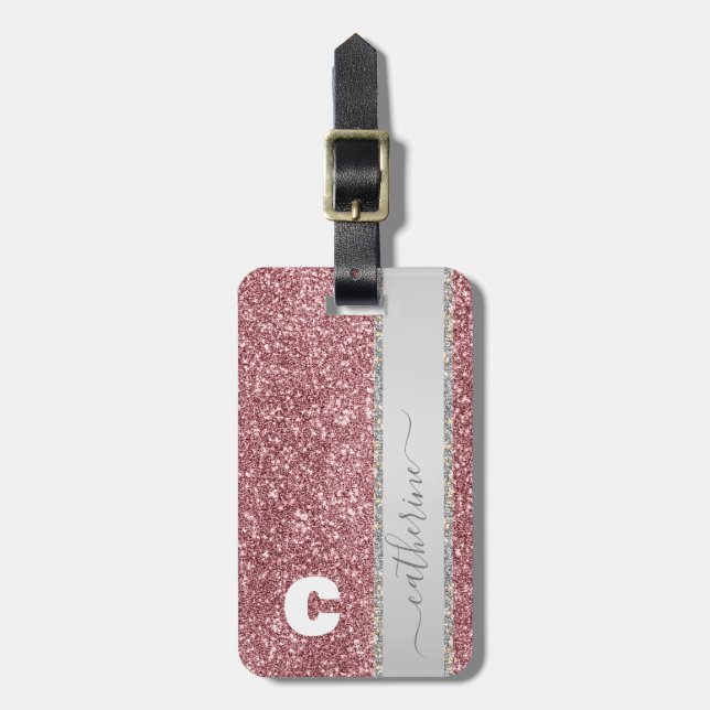 Elegant Trendig Rosa Rand Glitter Monogrammerat Na Bagagebricka (Vertikal Framsida)