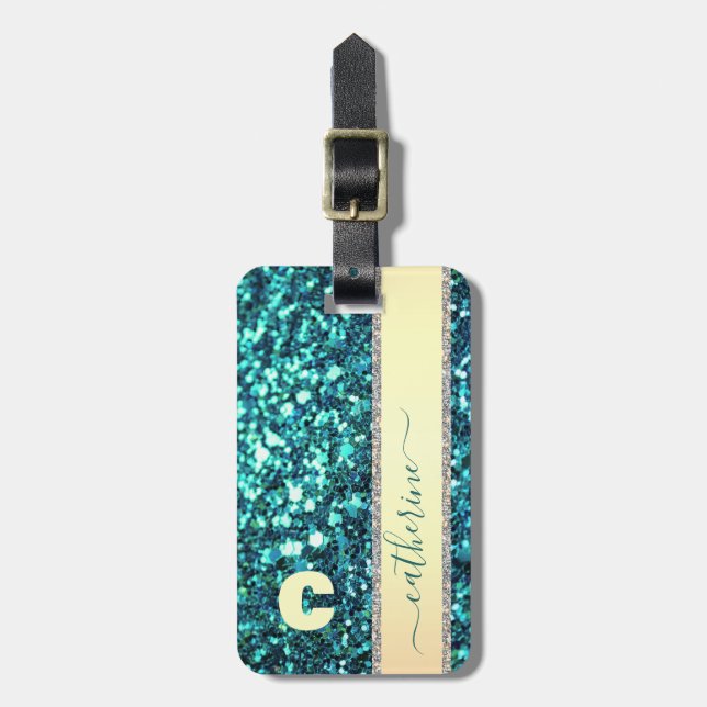 Elegant Trendig Rosa Strip Glitter Monogrammed Nam Bagagebricka (Vertikal Framsida)