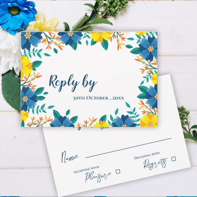 Elegant Trendig Söt Gult Blue Blommigt Bröllop OSA Kort (Elegant Trendy Pretty Yellow Blue Floral Wedding RSVP Card)