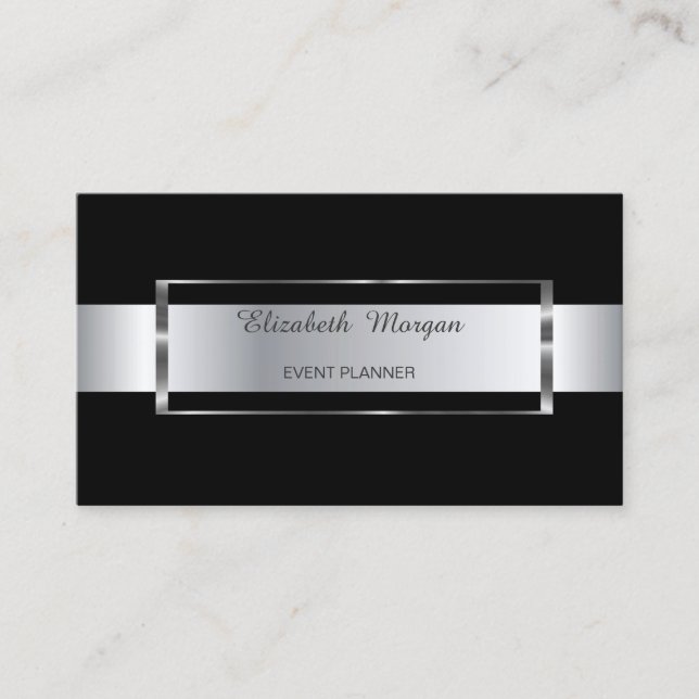 Elegant Trendig Svart Randig Silver Ram Visitkort (Framsida)