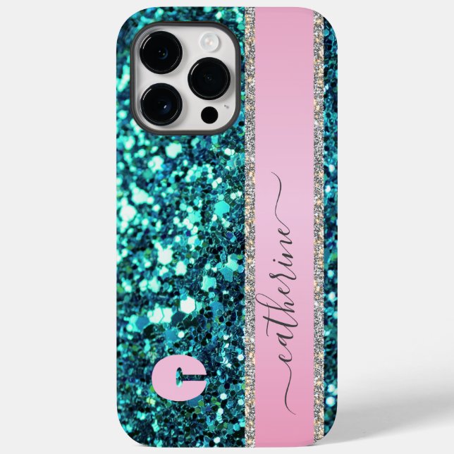 Elegant Trendig Teal Strip Glitter Monogrammed Nam (Baksida)