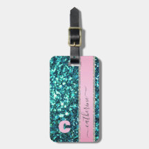Elegant Trendig Teal Strip Glitter Monogrammed Nam