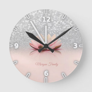 Elegant Trendig Tjejlik, Lotus Silver Glitter Boke Rund Klocka