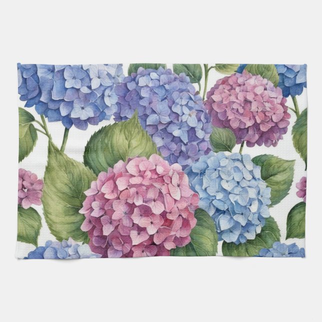 Elegant Trendig Vattenfärg Hydrangea Blommig  Kökshandduk (Horisontell)