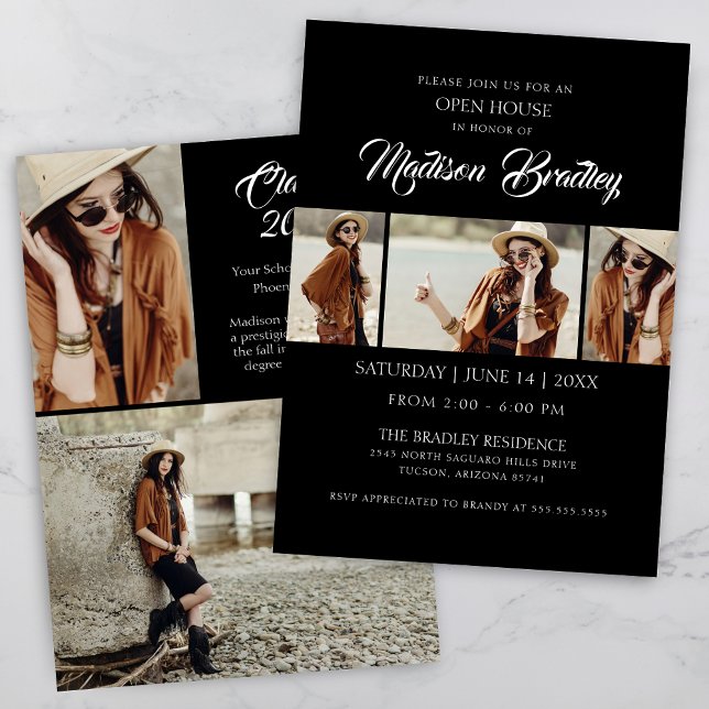 Elegant Trendy 5 Photo Chic Graduation Investigati Inbjudningar (Modern Photo Collage Graduation Invitation for Open House with Elegant Script and Trendy Typography)