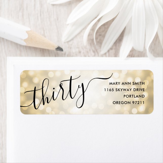 Elegant Trettio Guld Glitter Ljus 30års födelsedag Returadress Etikett (Insitu)