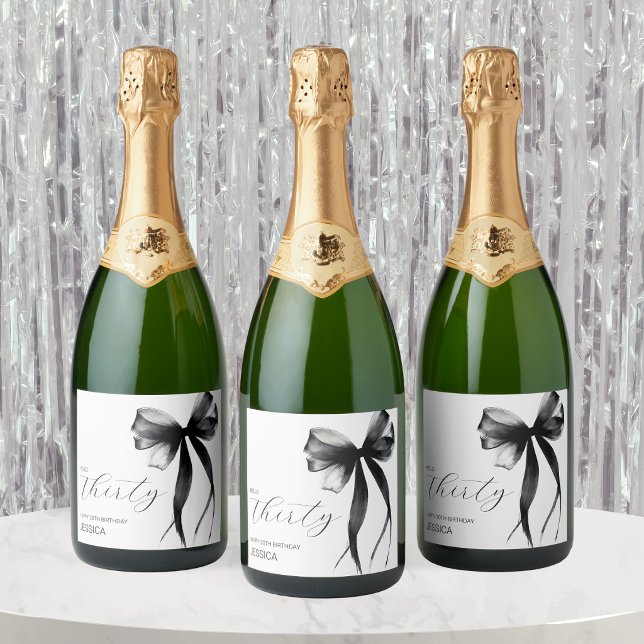 Elegant trettio script bow 40-årsfest (Elegant Thirty Script Bow 40th Birthday Party Sparkling Wine Label)