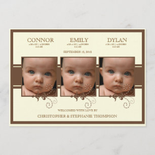 Elegant Triplet Photo Baby Birth Notice Meddelande