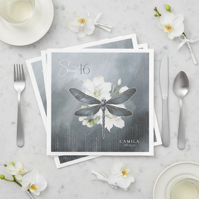 Elegant Trollslända Blommig Sweet 16 Blå ID1310 Pappersservett (Skapare uppladdad)