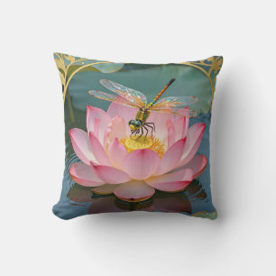 Elegant Trollslända Rosa Lotus Art Nouveau Ram Kudde