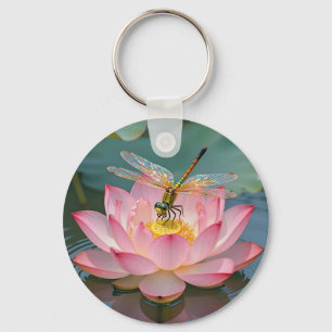 Elegant Trollslända Rosa Lotus Art Nouveau Ram Nyckelring