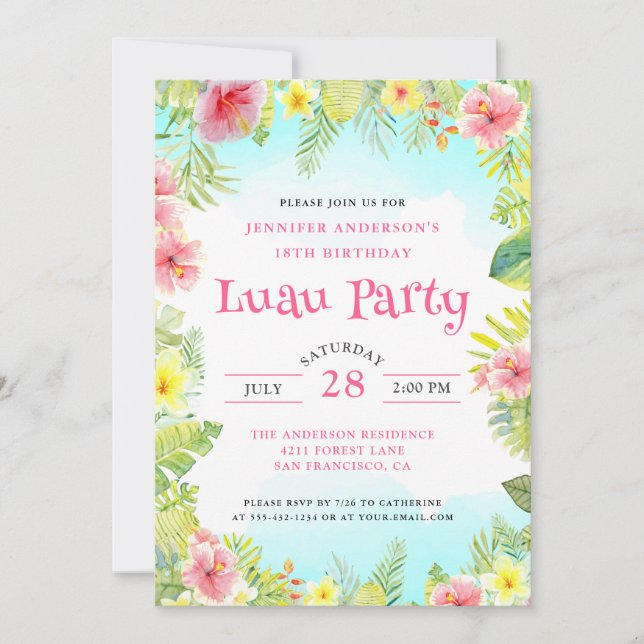 Elegant Tropical Aloha Luau Födelsedagsfest Rosa  Inbjudningar (Framsida)