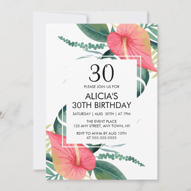 Elegant Tropical Anthurium & Monstera Birthday Inbjudningar (Framsida)