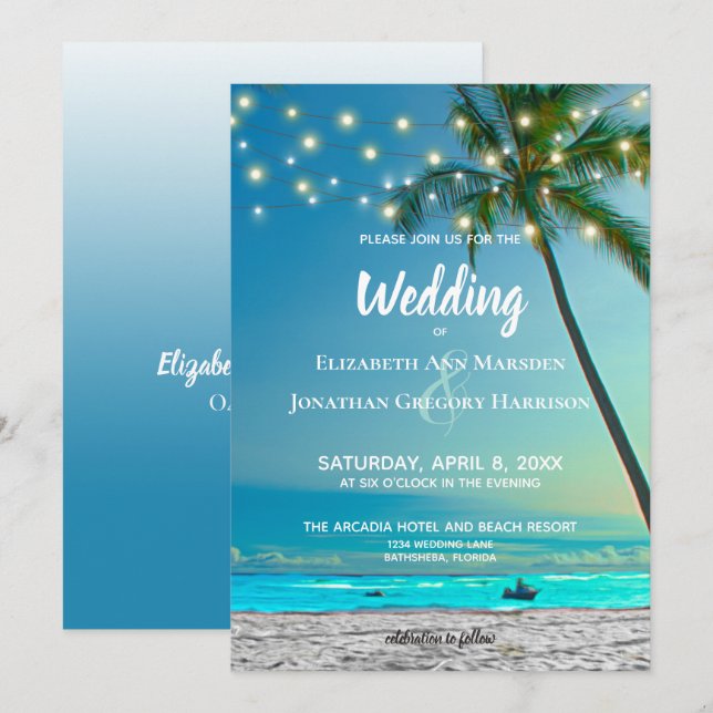 Elegant Tropical Beach String Ljus Handflatan Ombr Inbjudningar (Fram/baksida)