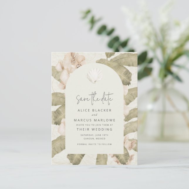 Elegant Tropical Beach Wedding Save the Date Meddelande Vykort (Stående Fram)