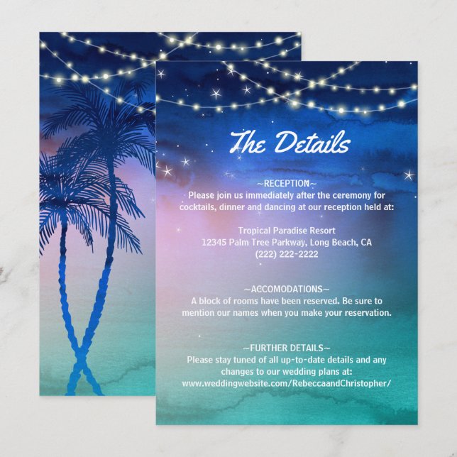 Elegant Tropical Beach Wedding Watercolor Tilläggskort (Fram/baksida)