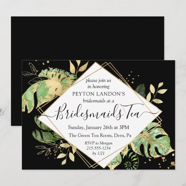 Elegant Tropical Black & Guld Bridesmaid Tea Party Inbjudningar (Fram/baksida)