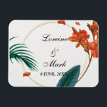 Elegant Tropical Blommigt Bröllop Magnet<br><div class="desc">Utformningen har en vacker och levande tropiska blommigt som är elegant och sofistikerad. Den lush grey och de pulserande blommorna är en perfekt som representerar skönheten och charmen hos ett tropiskt bröllop. Elegantens typografi och eleganta layout kompletterar den tropiska blommigtens utformning och skapar en sammanhängande och visuellt tilltalande utformning som...</div>