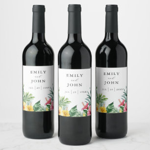 Elegant Tropical Blommigt Bröllop Vinflaska Etikett