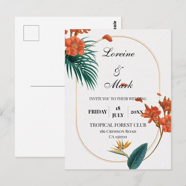 Elegant Tropical Blommigt Bröllop Vykort (Fram/baksida)