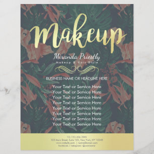 Elegant Tropical Blommigt Guld Script Makeup Salon Reklamblad