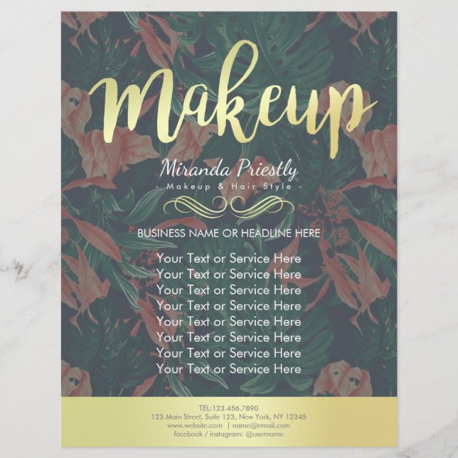 Elegant Tropical Blommigt Guld Script Makeup Salon Reklamblad (Framsidan)